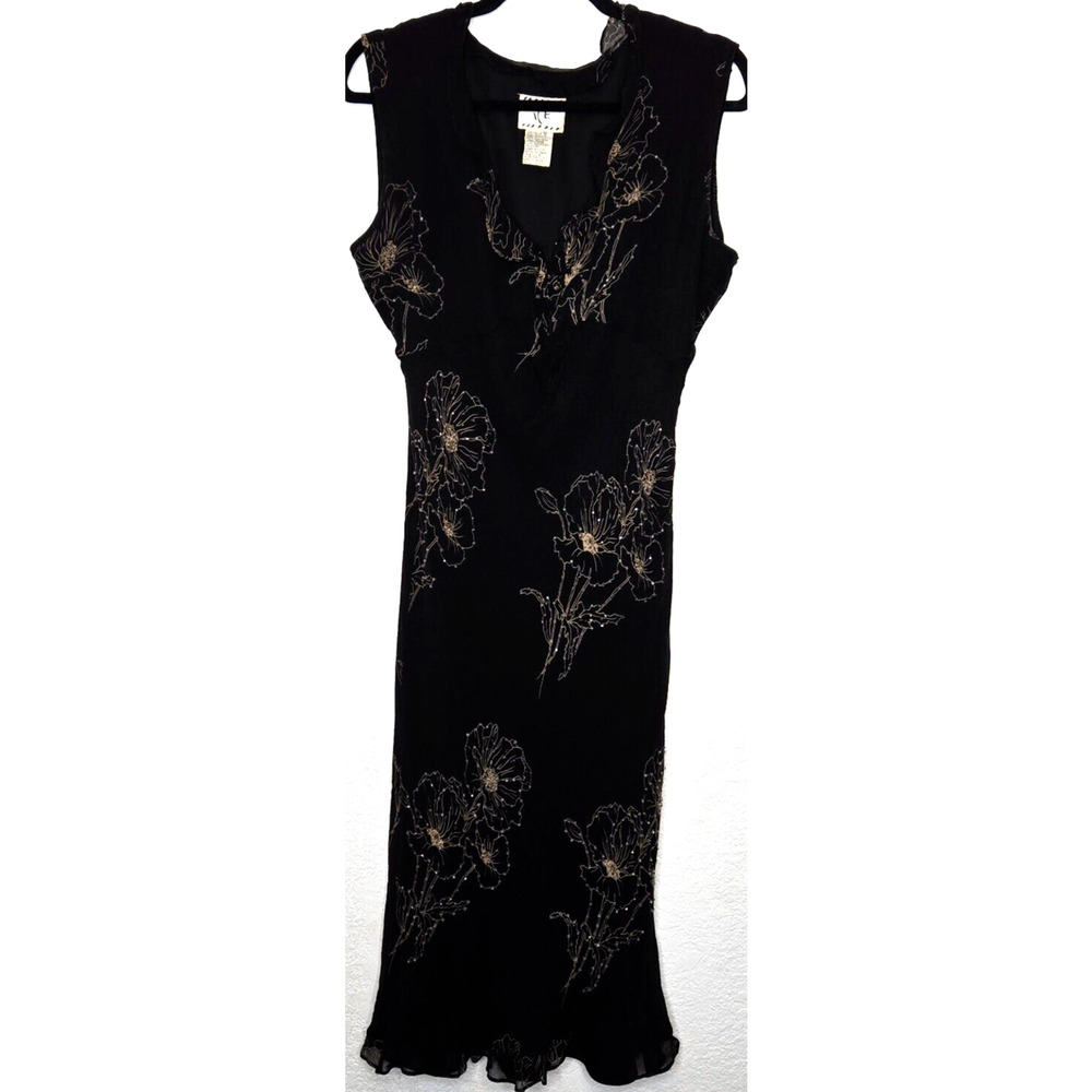 Vintage Y2K Dress Womens 10 Black Silk Floral Beaded Ruffle Boho Midi Whimsigoth